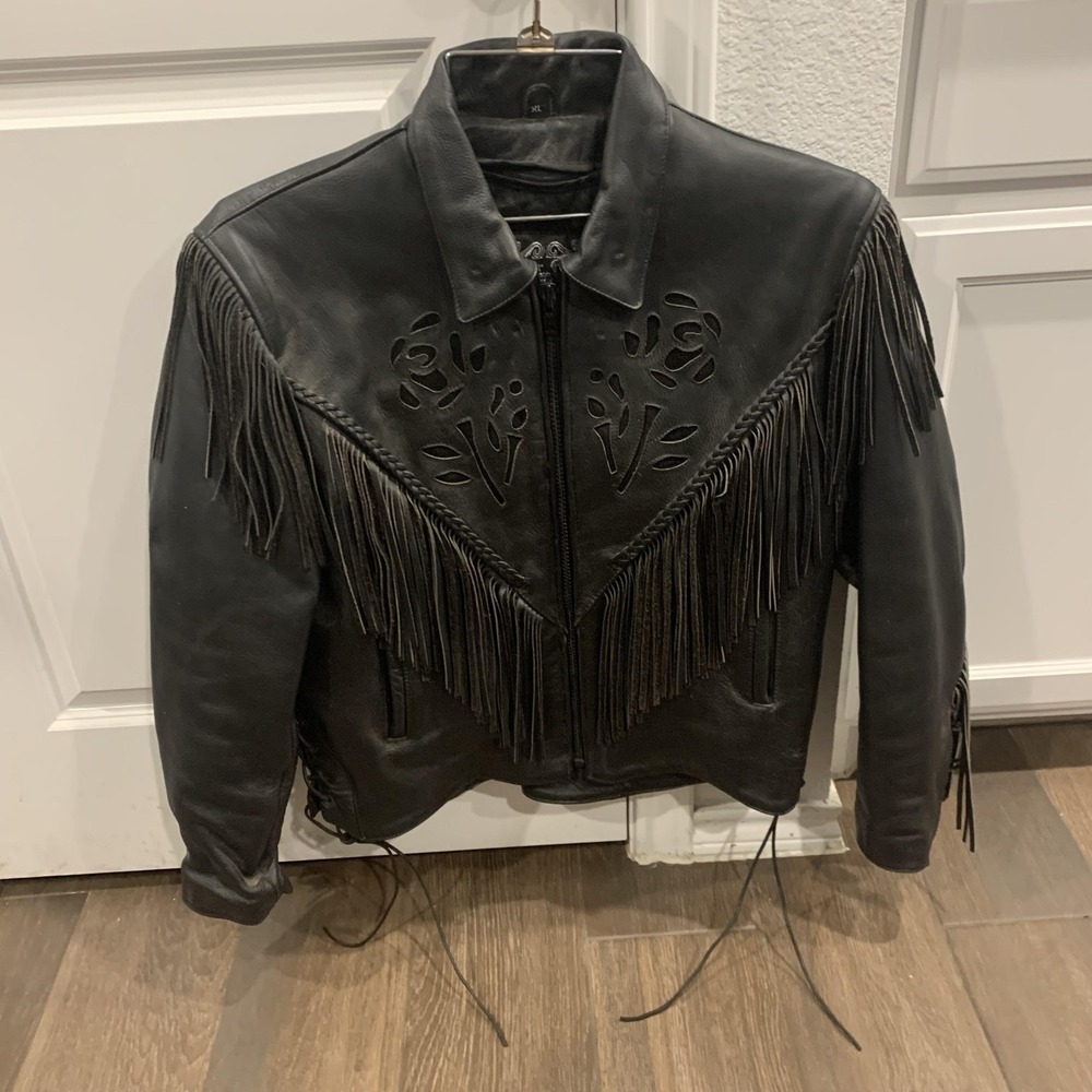 Leather Gallery Leather Jacket Womens XL Black Fringe Western Biker Rose‎ Cutout